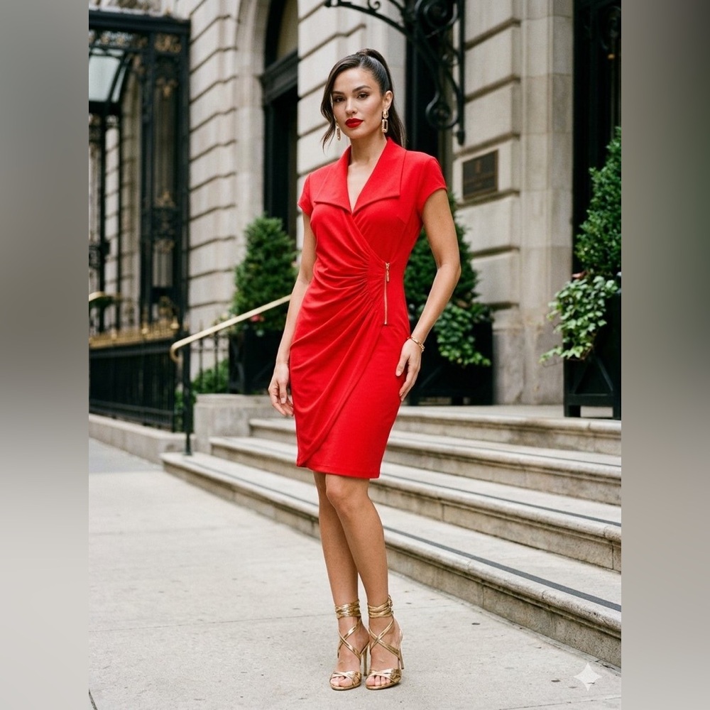 Caché red wrap style midi dress stretch career office party chic Chris sZ large